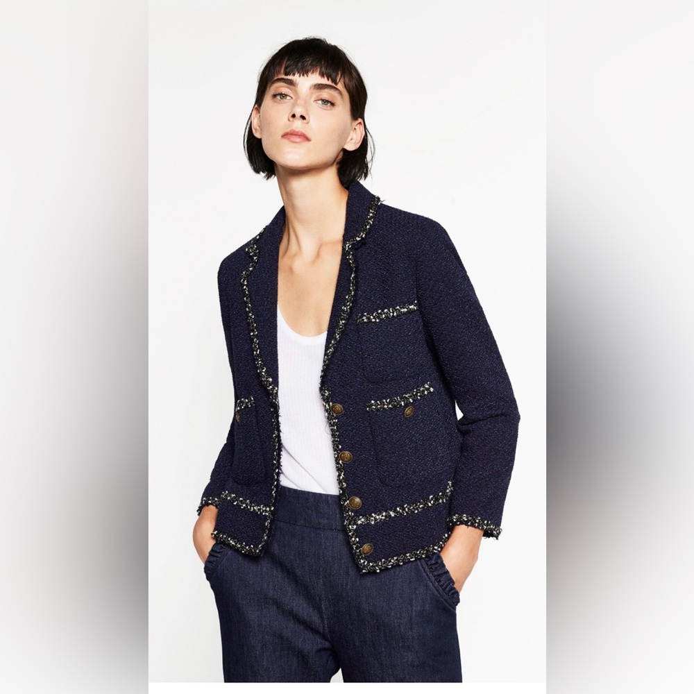 Zara Women's Navy Boucle Tweed Jacket